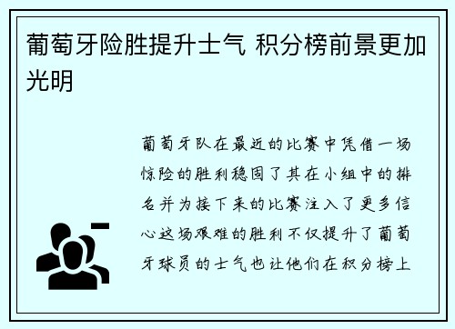 葡萄牙险胜提升士气 积分榜前景更加光明