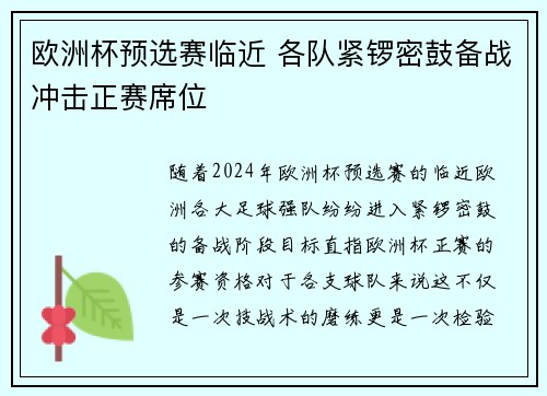 欧洲杯预选赛临近 各队紧锣密鼓备战冲击正赛席位