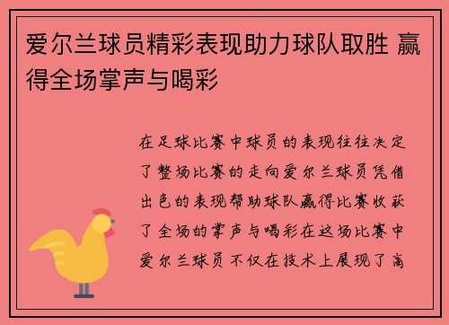爱尔兰球员精彩表现助力球队取胜 赢得全场掌声与喝彩