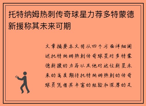 托特纳姆热刺传奇球星力荐多特蒙德新援称其未来可期