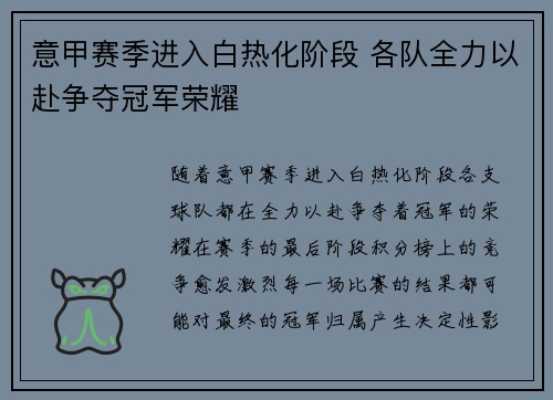 意甲赛季进入白热化阶段 各队全力以赴争夺冠军荣耀