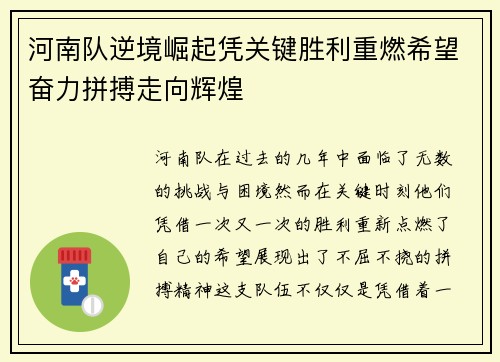 河南队逆境崛起凭关键胜利重燃希望奋力拼搏走向辉煌